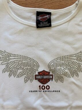 Harley-Davidson White Tee with Silver Rhinestone Wings and Orange Logo